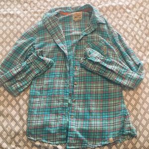 Blue orange-red button down flannel